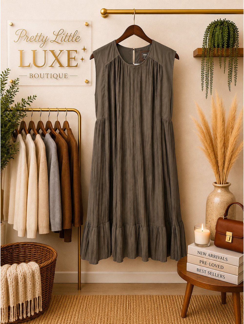 Anthropologie Textured Sleeveless Tiered Mini Dress in Olive Brown – Size Small